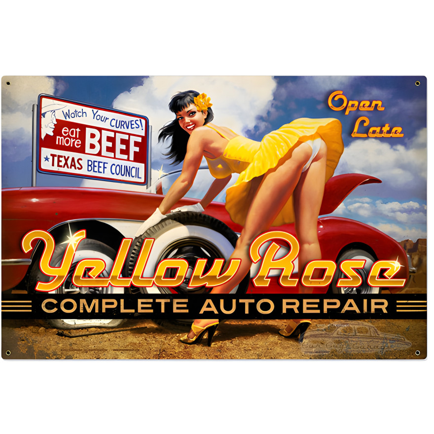Large Yellow Rose Repair Metal Sign - 36" x 24"