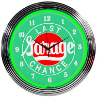 Last Chance Garage Green Neon Wall Clock with Chrome Rim - 15" Round