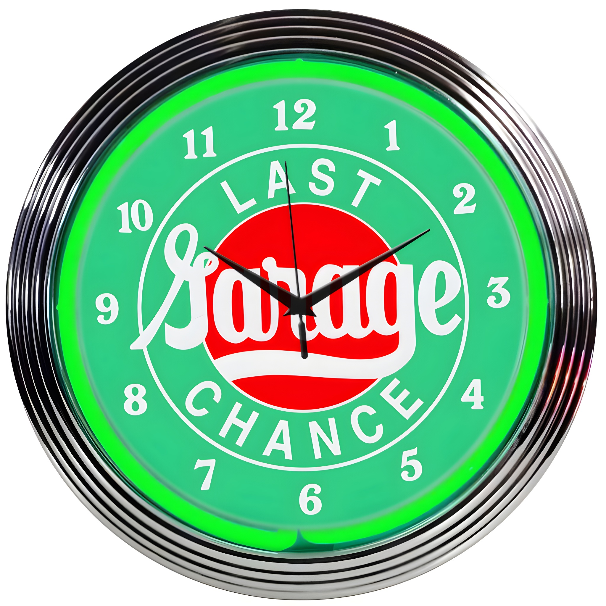 Last Chance Garage Neon Clock - Green 15 Inch