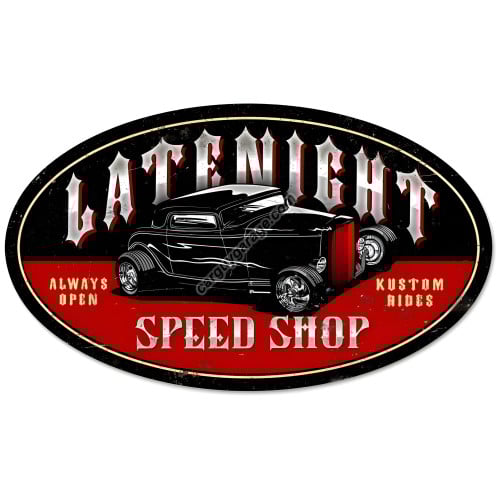 Latenight Speed Shop Oval Metal Sign - 24" x 14"
