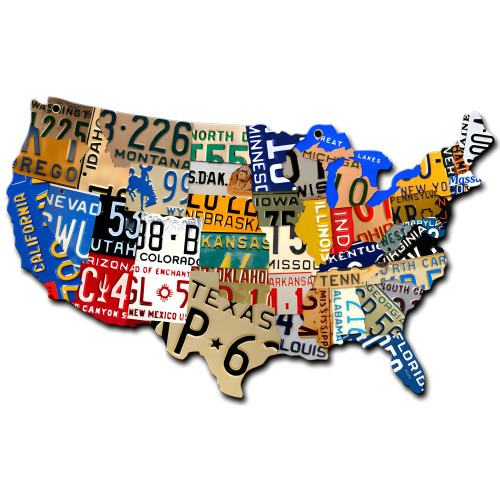 License Plate USA Map Cut Out Metal Sign - 10" x 6"