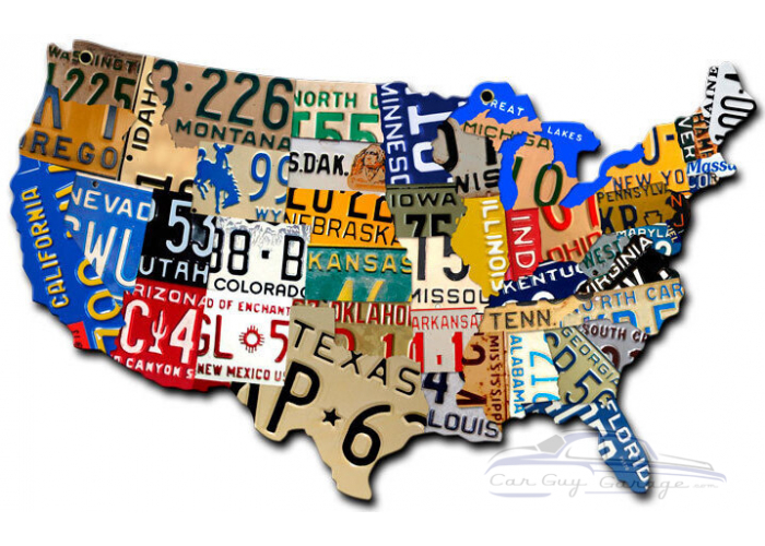 License Plate USA Map Cut Out Metal Sign - 10" x 6"