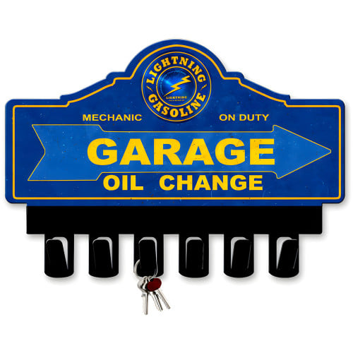 Lightning Gasoline Key Hanger Metal Sign - 14" x 10"