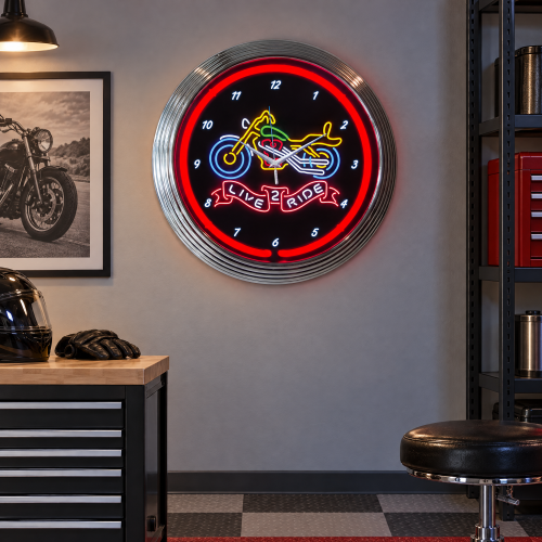 Motorcycle Neon Wall Clock - Live 2 Ride 15 Inch