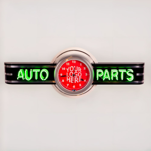 72" wide Neon Auto Parts Sign with Personalized Clock