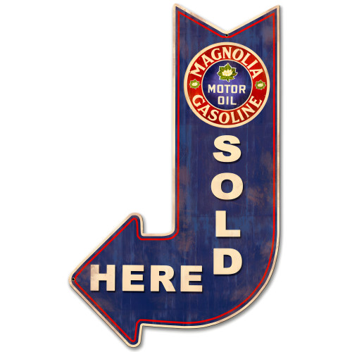 Magnolia Gasoline Sold Here Arrow Metal Sign - 15" x 24"