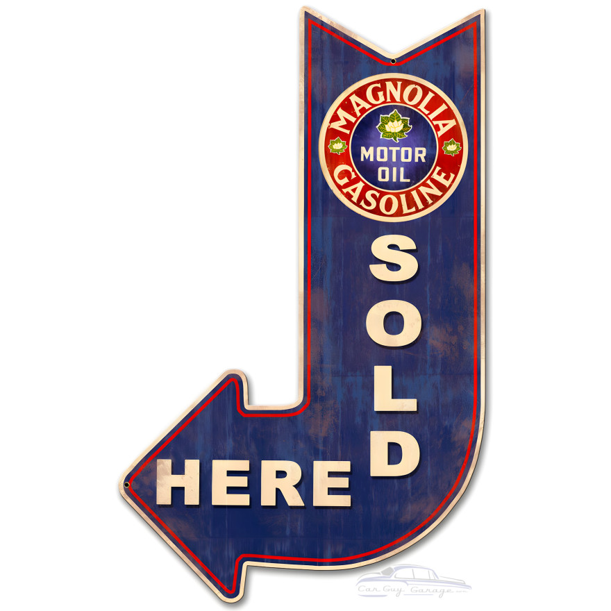 Magnolia Gasoline Sold Here Arrow Metal Sign - 15" x 24"