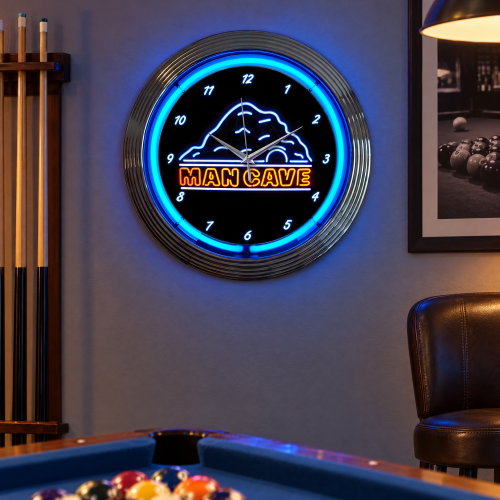 Man Cave Blue Neon Wall Clock with Chrome Rim, 15 Inch