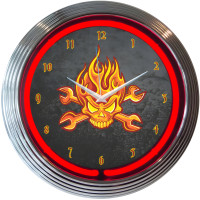 Mechanic Flaming Skull Wrench Red Neon Garage Wall Clock - 15" Round