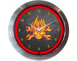 Mechanic Fire Skull And Wrenches Neon Clock
