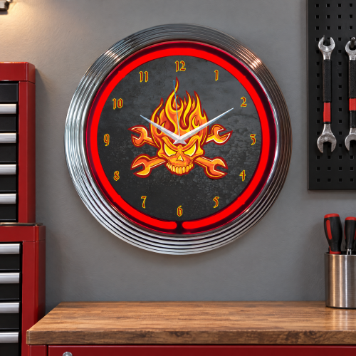 Neon Garage Clock with Flaming Skull Wrench Design
