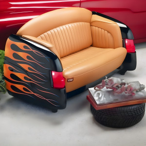 1951 Mercury Tailfin Car Couch with Tan Leather and Flames