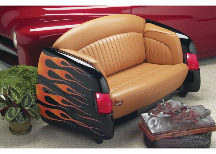 1951 Black Mercury with Flames Tan Leather Couch