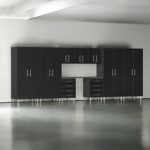 Black Modular 10 Piece Garage Cabinet Kit with Recessed Worktop