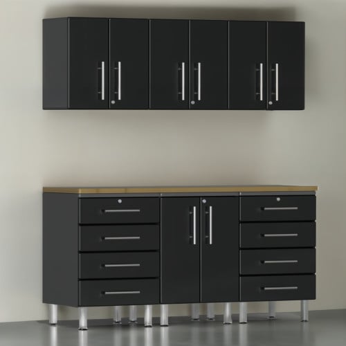 Black Modular 7 Piece Garage Cabinet Kit with Bamboo Worktop