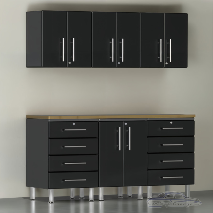 Black Modular 7 Piece Garage Cabinet Kit with Bamboo Worktop Black Modular 7 Piece Garage Cabinet Kit with Bamboo Worktop