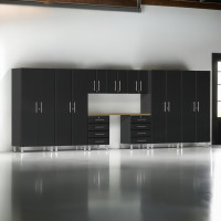 Black Modular 10-Piece Garage Cabinet Kit with Bamboo Worktop