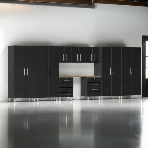 Black Modular 10 Piece Garage Cabinet Kit with Bamboo Worktop