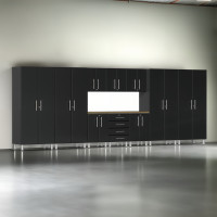 Black Modular 11-Piece Garage Storage Cabinet Set with Bamboo Worktop