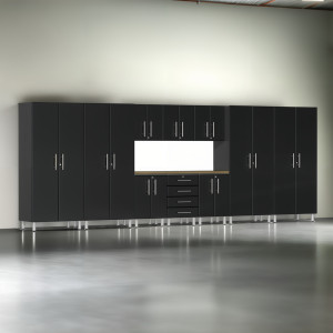 Black Modular 11-Piece Garage Storage Cabinet Set with Bamboo Worktop