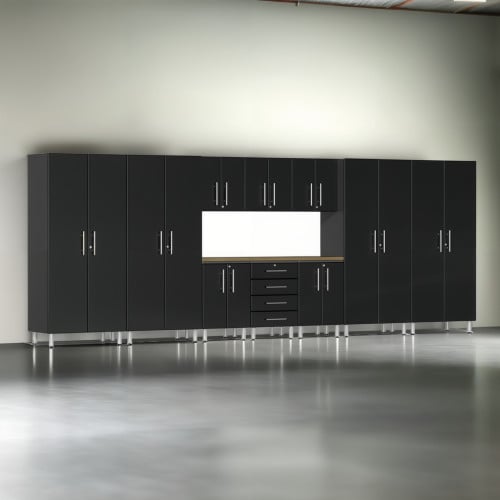 Black Modular 11 Piece Garage Cabinet Kit with Bamboo Worktop