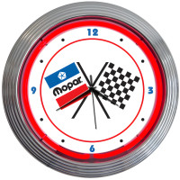 Mopar Checkered Flag Red Neon Chrome Rim Wall Clock - 15" Round