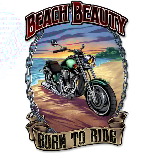 Motorcycle on the Beach Metal Sign - 12" x 18" Custom Shape
