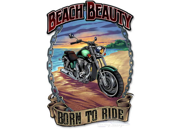 Motorcycle on the Beach Metal Sign