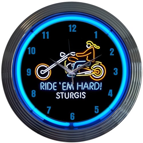Motorcycle Ride Em Hard Sturgis Neon Clock