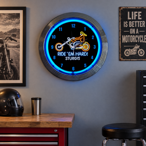 Ride 'Em Hard Sturgis Motorcycle Blue Neon Wall Clock - 15 Inch Round