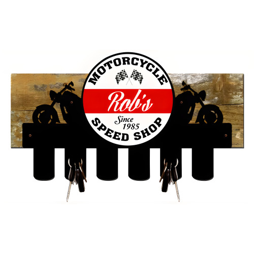 Motorcycle Shop Key Holder with Wood Backing Personalized Sign - 12" x 18" Custom Shape