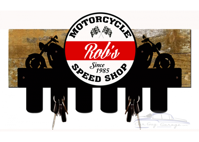 Motorcycle Shop Key Holder With Wood Backing Personalized Sign