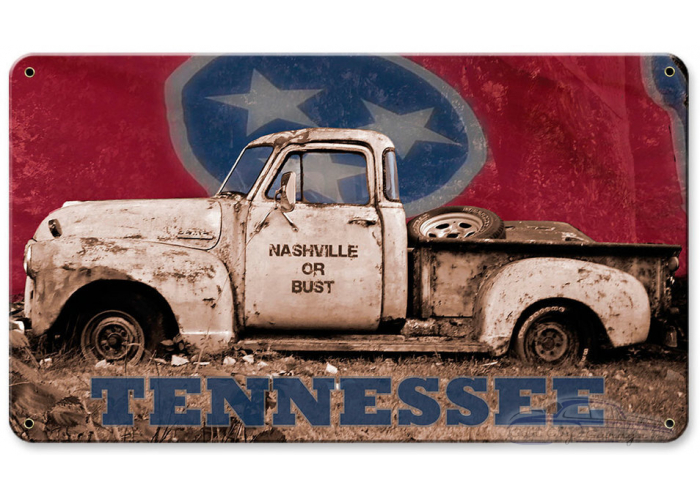 Nashville Or Bust Truck With Flag Metal Sign