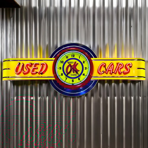 72" wide Neon OK Used Cars Sign with Clock
