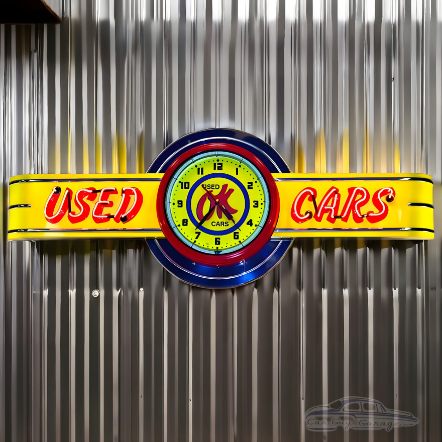 72" wide Neon OK Used Cars Sign with Clock 72" wide Neon OK Used Cars Sign with Clock