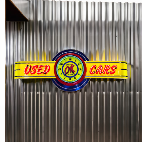 72" wide Neon OK Used Cars Sign with Clock