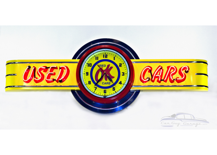 72" wide Neon OK Used Cars Sign with Clock
