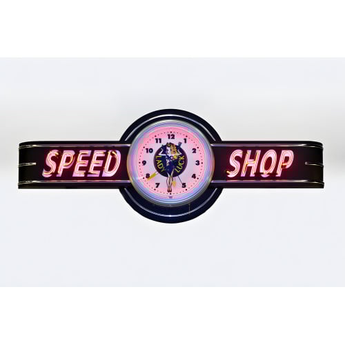 72" wide Neon Speed Shop Sign with Lady Luck Clock