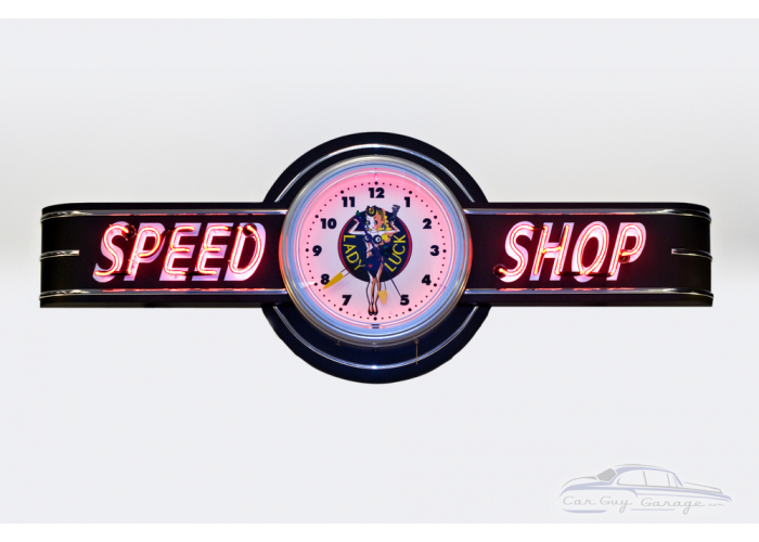 72" wide Neon Speed Shop Sign with Lady Luck Clock