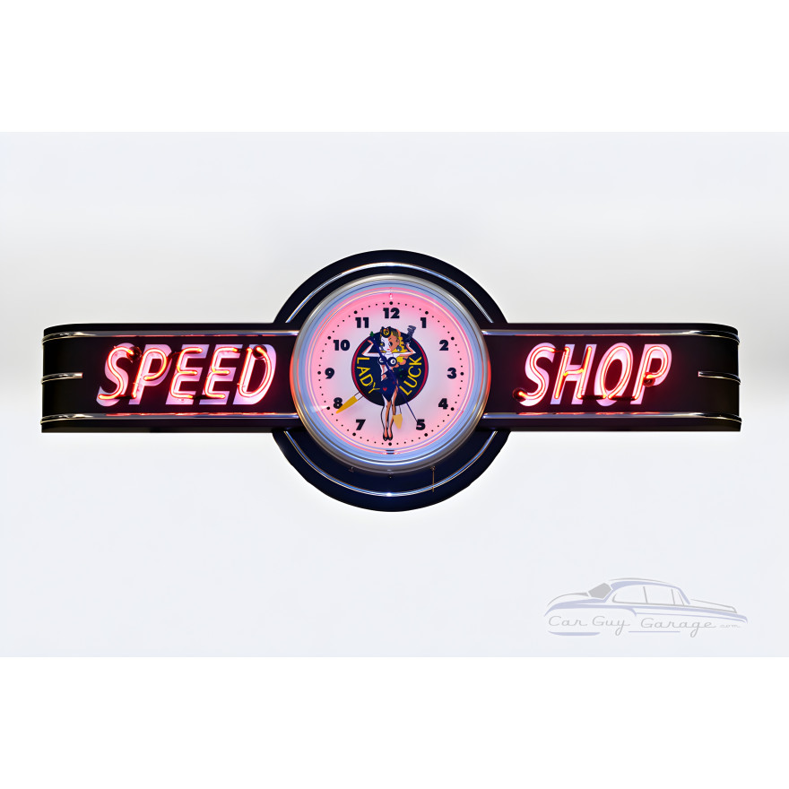 72" wide Neon Speed Shop Sign with Lady Luck Clock 72" wide Neon Speed Shop Sign with Lady Luck Clock