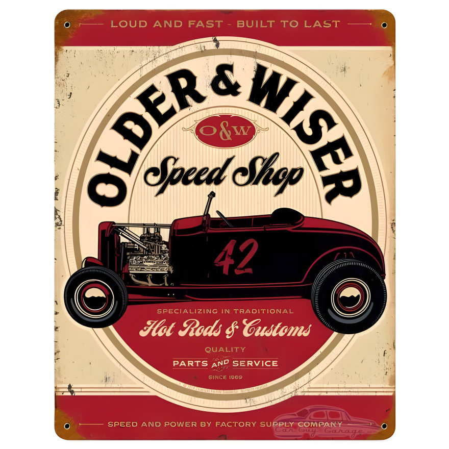 Older and Wiser Speed Shop Red Metal Sign - 12" x 15"
