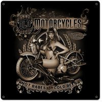 Old Motorcycles Hot Babes Cold Beer Metal Sign - 18" x 18"