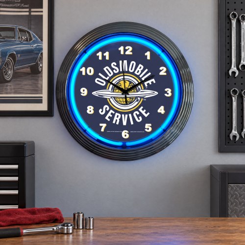 Oldsmobile Neon Clock - 15 Inch Blue Garage Wall Clock