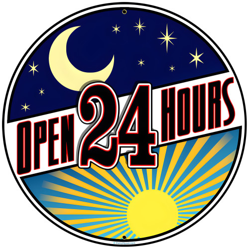 Open 24 Hours Metal Sign - 28" Round