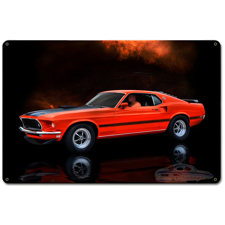 Orange Mustang Mach 1 Fastback Car Metal Sign - 18" x 12"