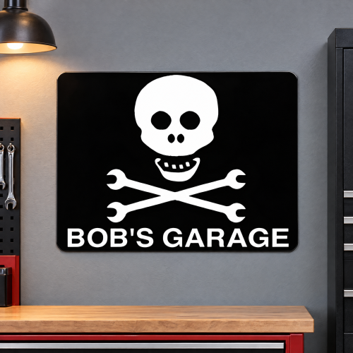 Personalized Metal Garage Sign - Skull & Crossed Wrenches