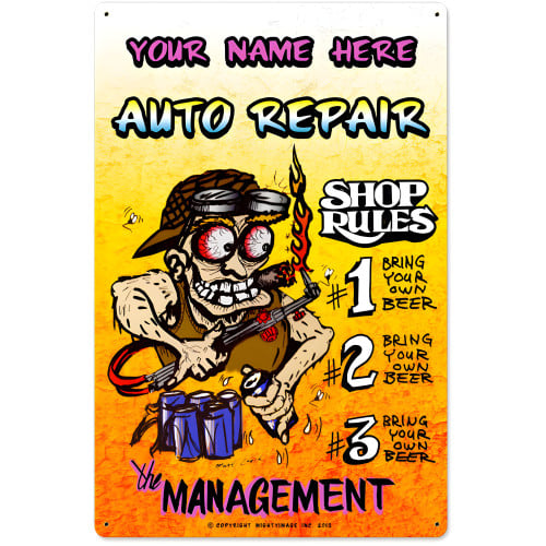 Personalized Auto Repair Shop Rules Metal Sign - 16" x 24"