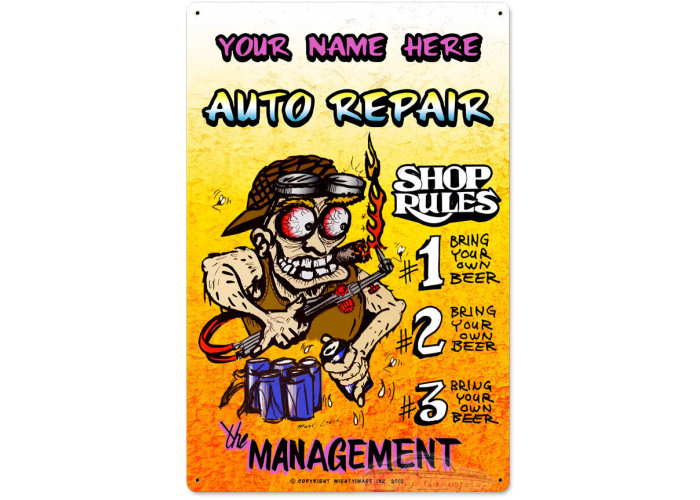 Personalized Auto Repair Shop Rules Metal Sign - 16" x 24"