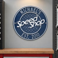 Personalized Speed Shop Garage Sign - Cast Aluminum Round Plaque