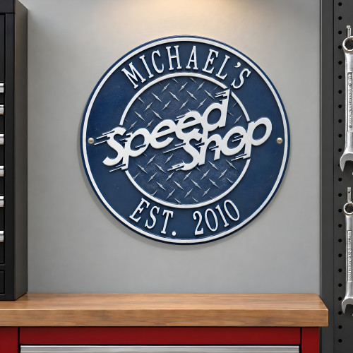 Personalized Speed Shop Garage Sign - Cast Aluminum Round Plaque